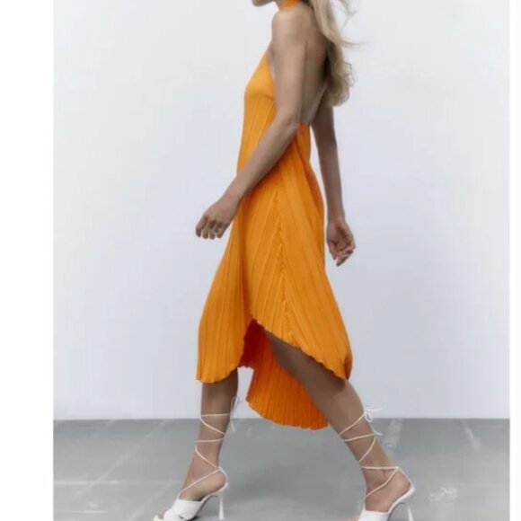 ZARA ORANGE PLEATED HALTER LOW BACK ASYMMETRIC MIDI DRESS Medium - Picture 12 of 12